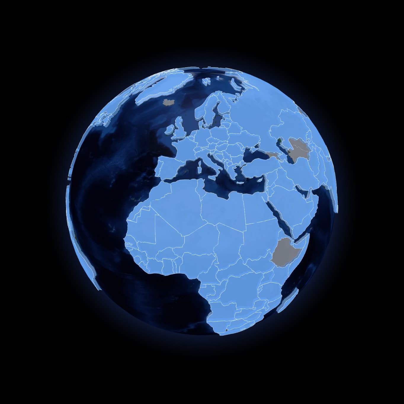 A globe of the Earth with the 182 countries where one of our languages is official raised in blue